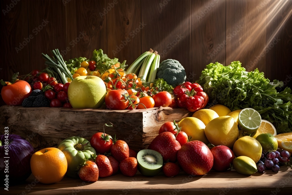 Still life with Fruits and vegetables. Generative AI. Still life with Fruits and vegetables. Generative AI.