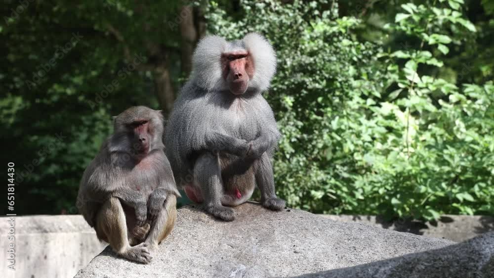 The hamadryas baboon sitting on a rock and looking around. Papio hamadryas is a species of baboon The hamadryas baboon sitting on a rock and looking around. Papio hamadryas is a species of baboon