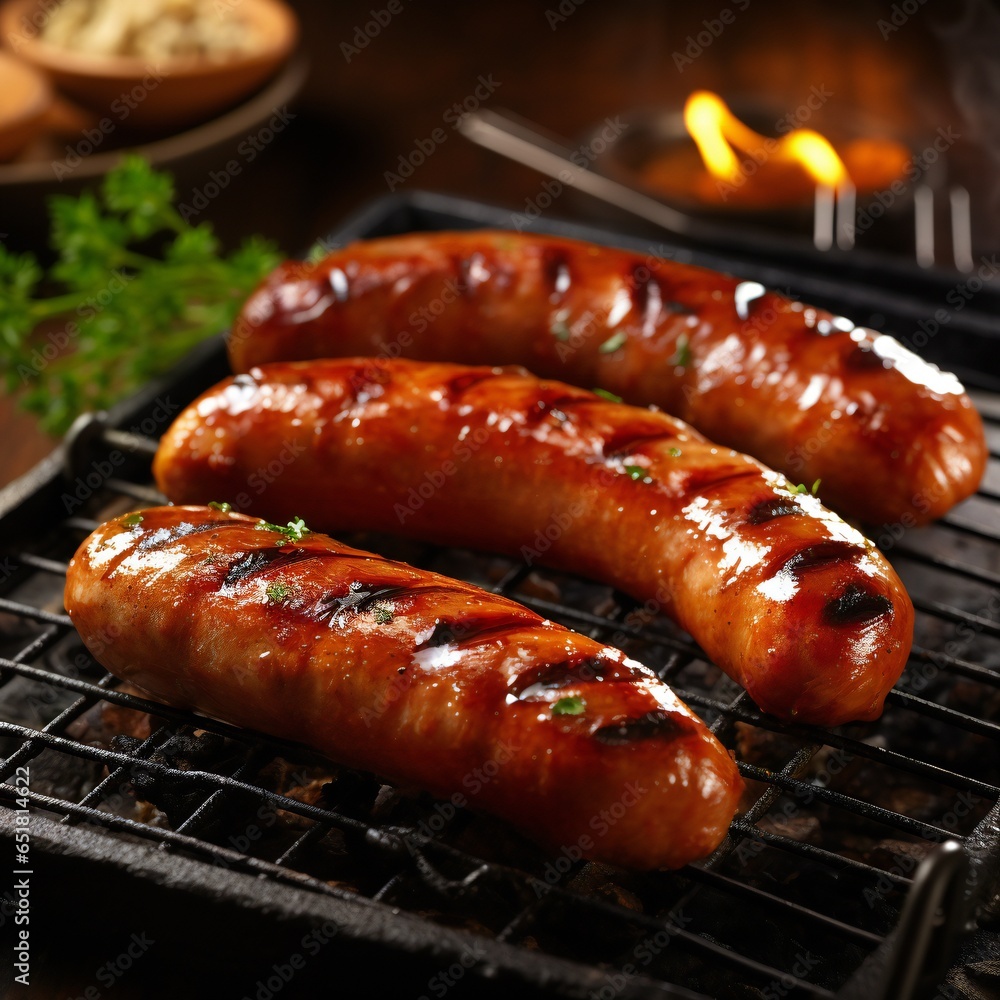 Grilled juicy sausages on a grill with fire. Shallow depth of field Grilled juicy sausages on a grill with fire. Shallow depth of field