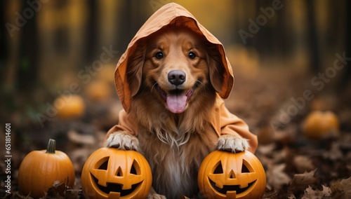 Adorable dog with halloween pumpkins on autumn forest