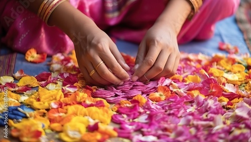 Indian girl making marigold flower garland