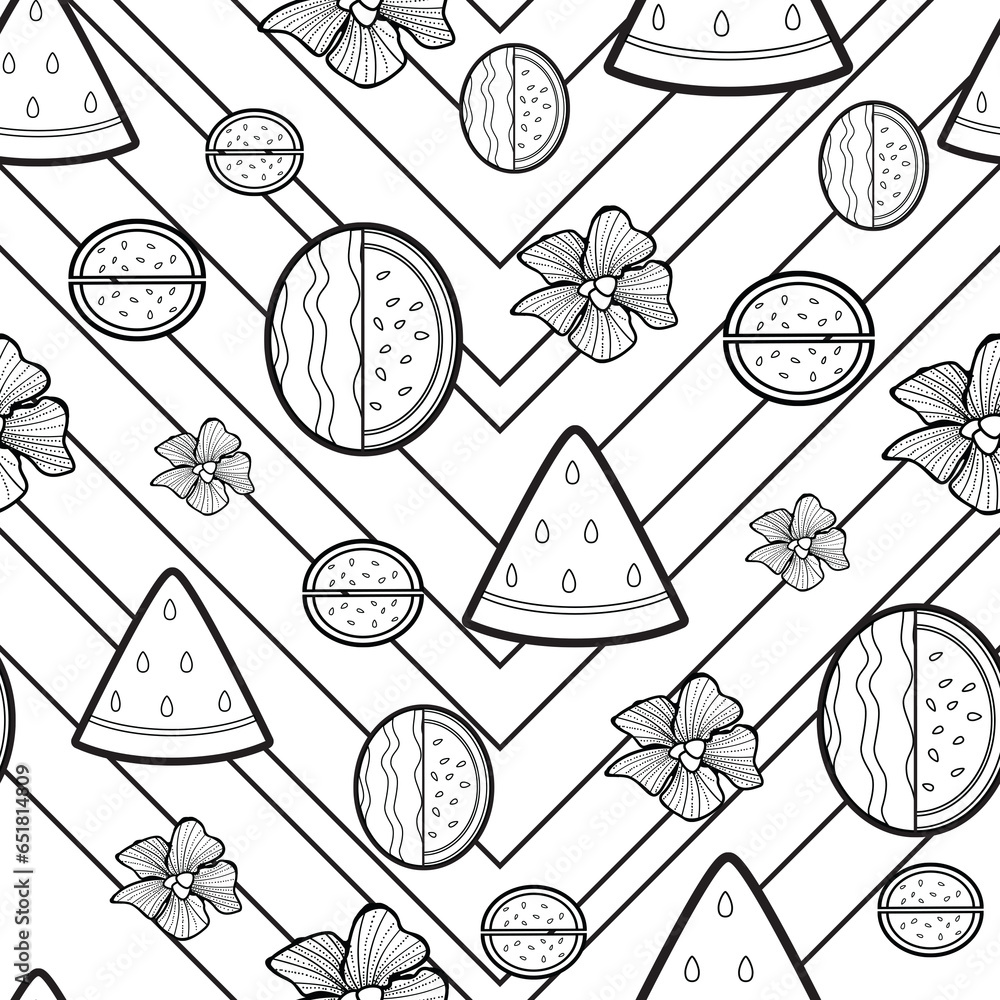 Fruity Line Art Watermelon Seamless Surface Pattern Design as Coloring Book - Page