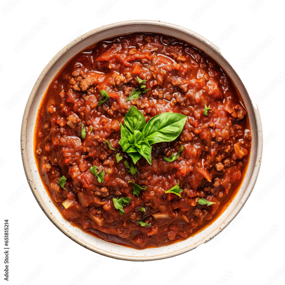 Top view of Italian food Bolognese Sauce isolated on a white transparent background Top view of Italian food Bolognese Sauce isolated on a white transparent background