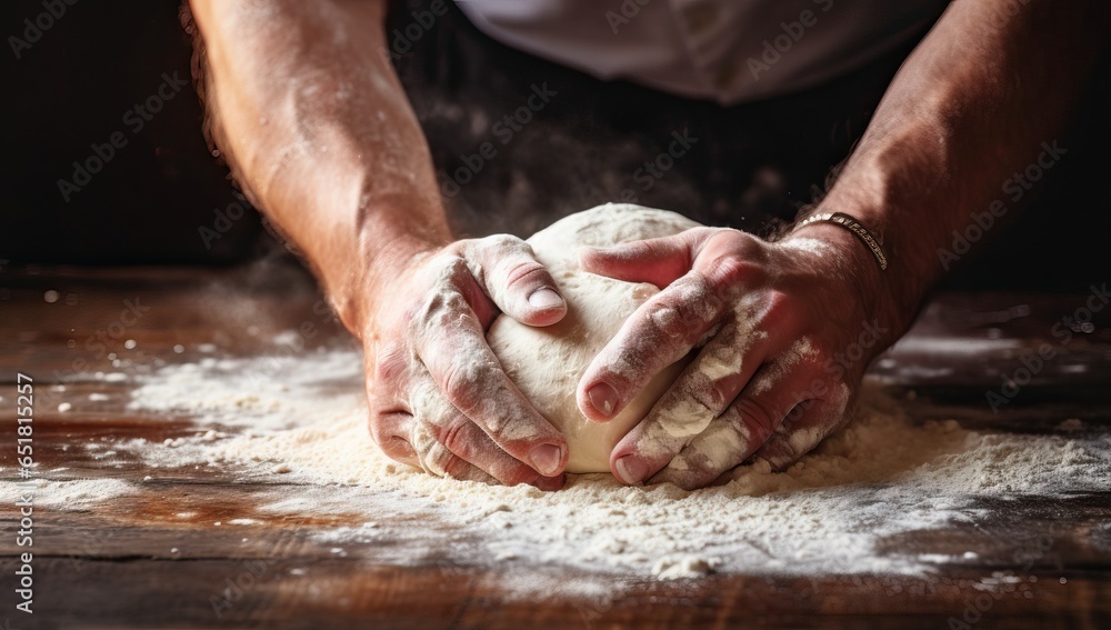 Male hands kneading dough on a wooden table with flour.