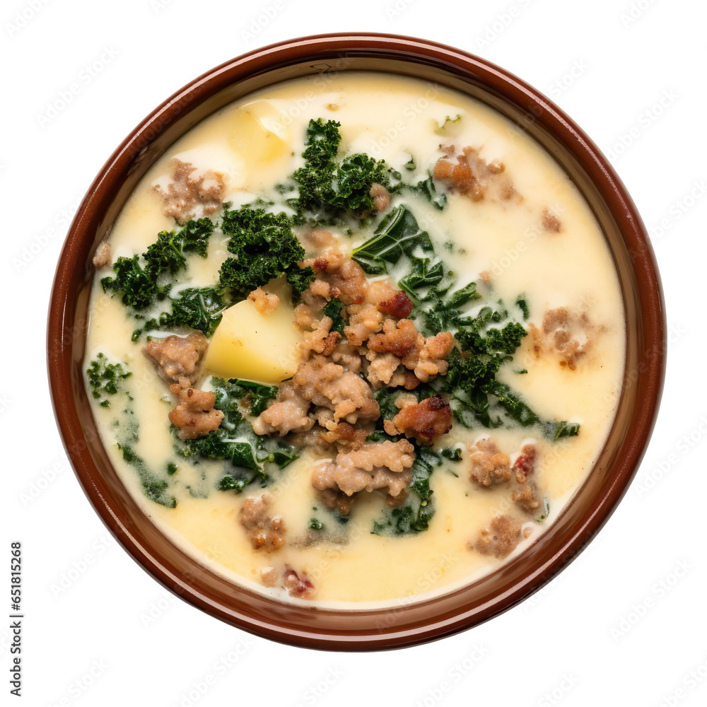 Top view of Italian food Zuppa Toscana isolated on a white transparent background 