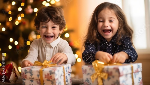 Little boy and girl opening christmas presents in front of Christmas tree