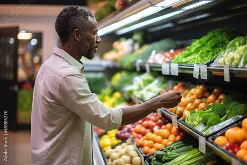 Mature African American man shopping in grocery store. Side view choosing fresh fruits and vegetables in supermarket. Shopping concept.