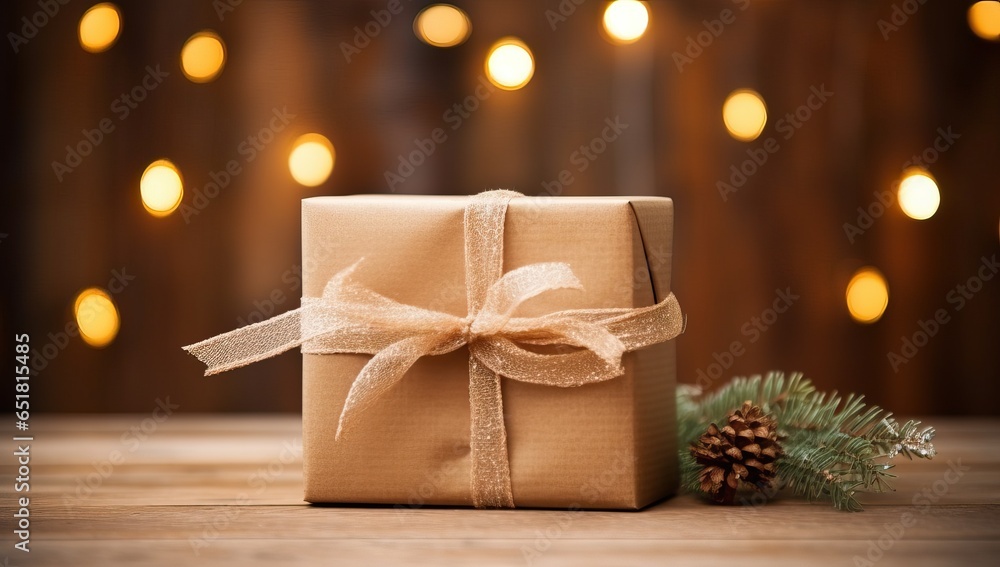 Christmas gift box on wooden background with bokeh lights in the background Christmas gift box on wooden background with bokeh lights in the background