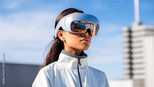 portrait of young asian woman wearing virtual reality glasses at city