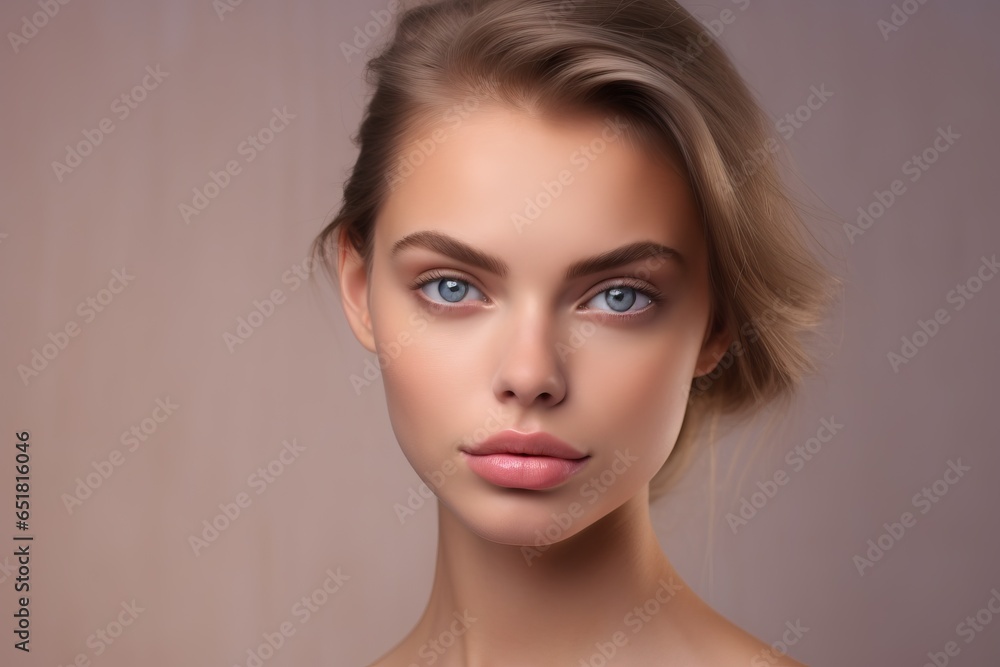Fototapeta premium Skin care. Woman with beauty face touching healthy facial skin portrait. Beautiful smiling girl model with natural makeup touching glowing hydrated skin on light background closeup