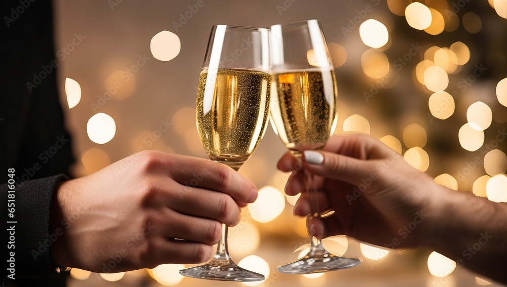close up of man and woman hands with champagne glasses over lights background close up of man and woman hands with champagne glasses over lights background