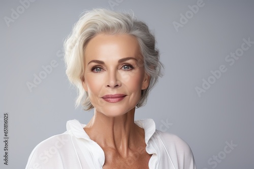Beautiful middle-aged woman  50s  looking at camera  isolated on white Mature old woman close up image. Beautiful face  healthy  cosmetics  skincare  middle age  cosmetology concept.