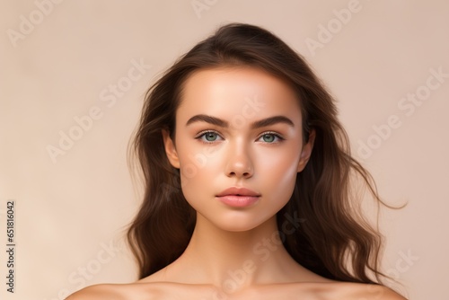 Skin care. Woman with beauty face touching healthy facial skin portrait. Beautiful smiling girl model with natural makeup touching glowing hydrated skin on light background closeup