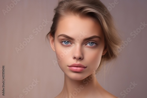 Skin care. Woman with beauty face touching healthy facial skin portrait. Beautiful smiling girl model with natural makeup touching glowing hydrated skin on light background closeup