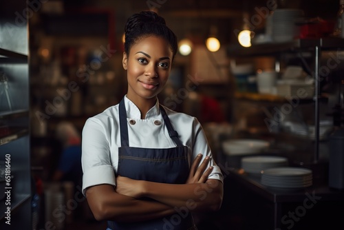 Happy African American woman with arms crossed while working as a chef in a restaurant
