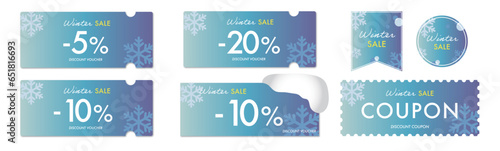 冬のセールに使える雪の結晶と青グラデーションのクーポンベクターアイコンデザインセット2