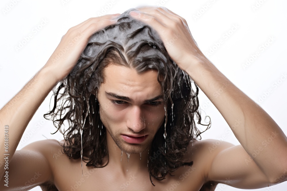 Fototapeta premium Young man massaging his scalp while applying shampoo to his hair. White background