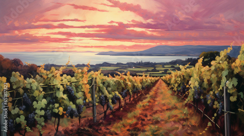 A picturesque vineyard at sunset, with rows of grapevines heavy with plump, purple grapes