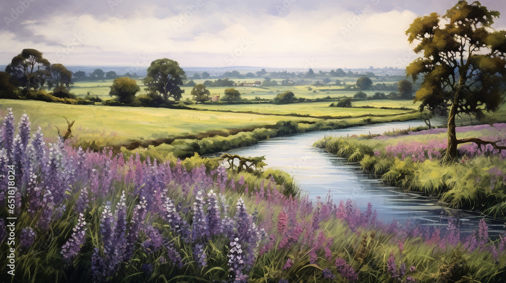 Obraz premium A peaceful countryside scene with a meandering river bordered by fields of blooming lavender