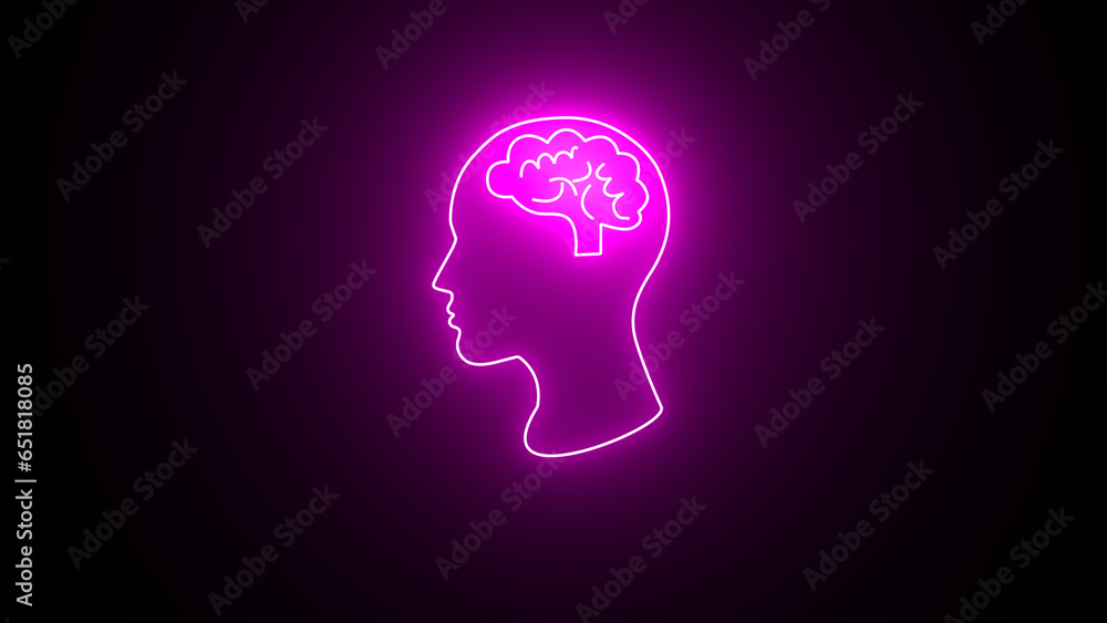 Glowing neon brain sign. The human brain. Organ anatomy, neurology, concept of healthy body. Polygonal figure on black neon background. Glowing neon brain sign. The human brain. Organ anatomy, neurology, concept of healthy body. Polygonal figure on black neon background.
