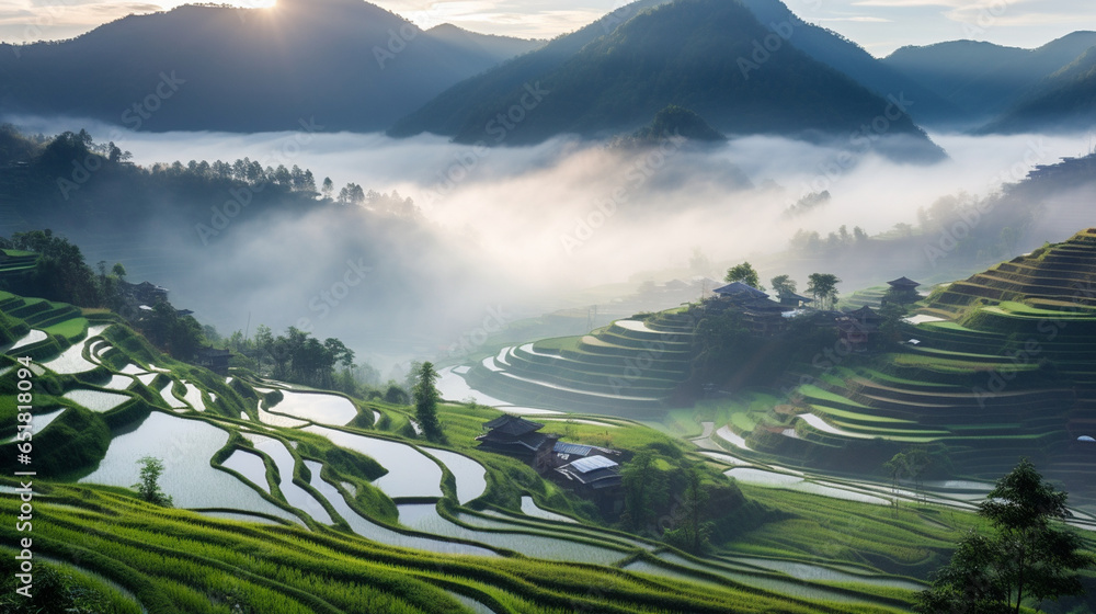 A serene landscape featuring terraced rice paddies cascading down a mountainside