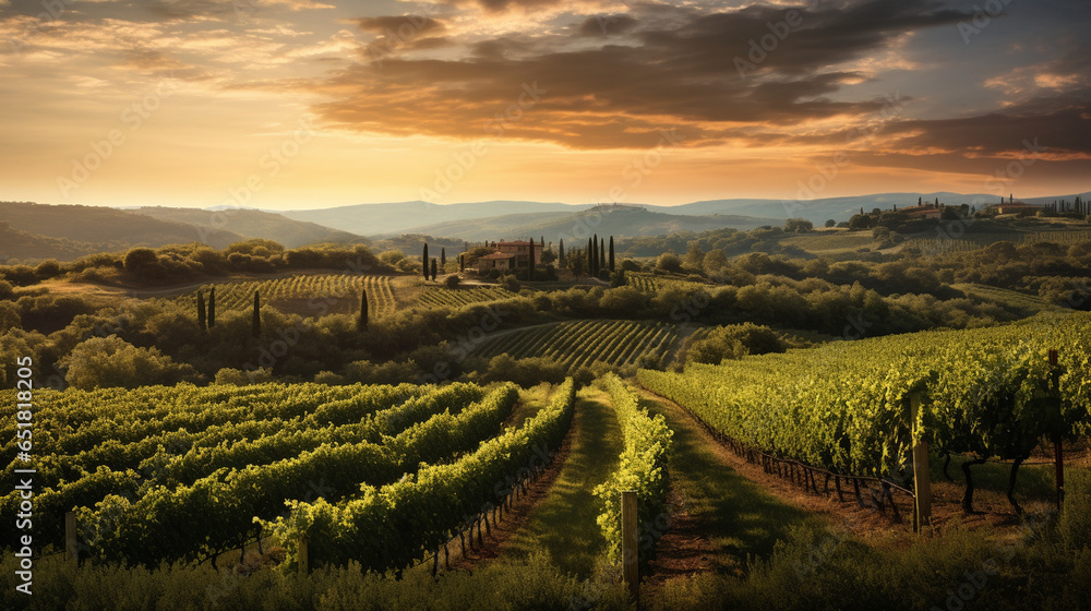 An enchanting vineyard in the heart of Tuscany, with rows of grapevines stretching to the horizon