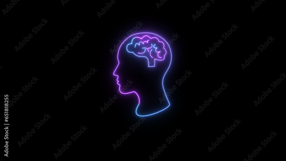 Glowing neon brain sign. The human brain. Organ anatomy, neurology, concept of healthy body. Polygonal figure on black neon background. Glowing neon brain sign. The human brain. Organ anatomy, neurology, concept of healthy body. Polygonal figure on black neon background.