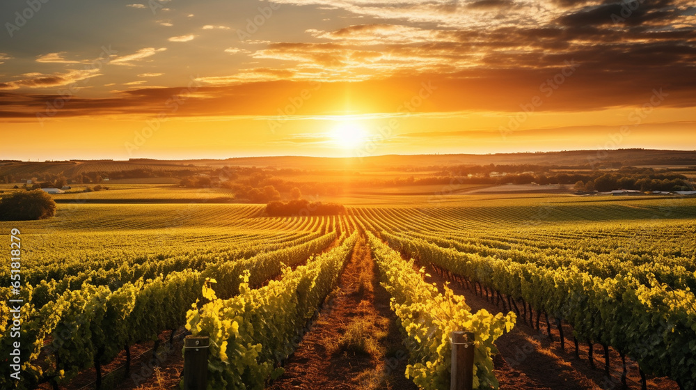 A vast, rolling vineyard in the Bordeaux region, with neat rows of grapevines bathed in golden sunlight
