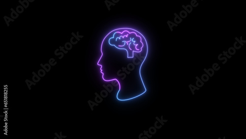 Glowing neon brain sign. The human brain. Organ anatomy, neurology, concept of healthy body. Polygonal figure on black neon background.