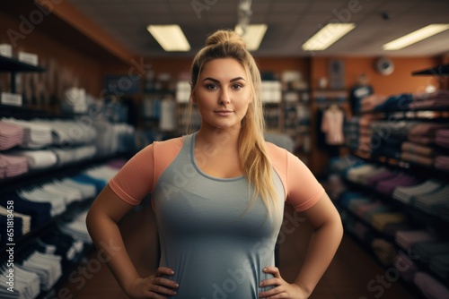 A large-sized girl is standing in a clothing store