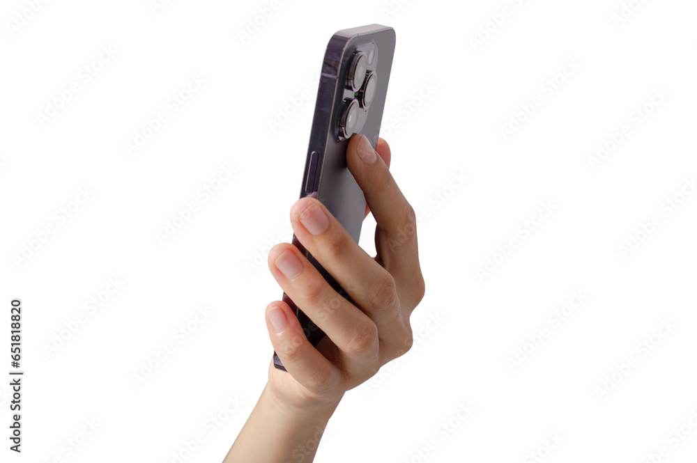 Woman's hand holding a phone showing the back. Woman's hand holding a phone showing the back.