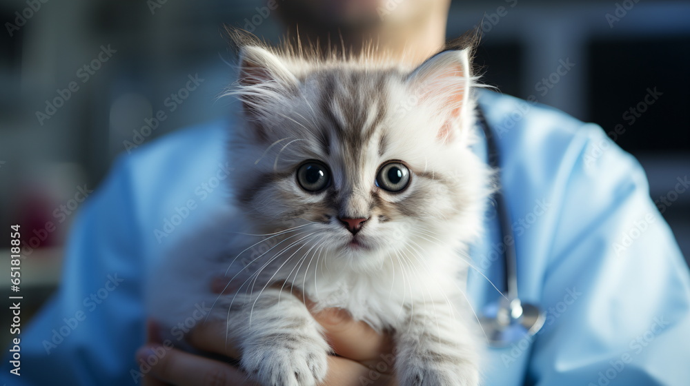 doctor is holding a cute white cat on hands at vet clinic and smiling