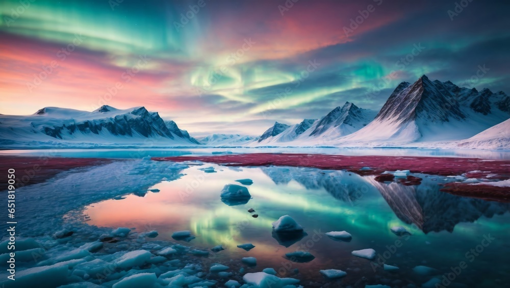 Un impresionante paisaje ártico, con montañas cubiertas de nieve y un lago congelado que refleja los colores vibrantes de la aurora boreal. - obrazy, fototapety, plakaty 