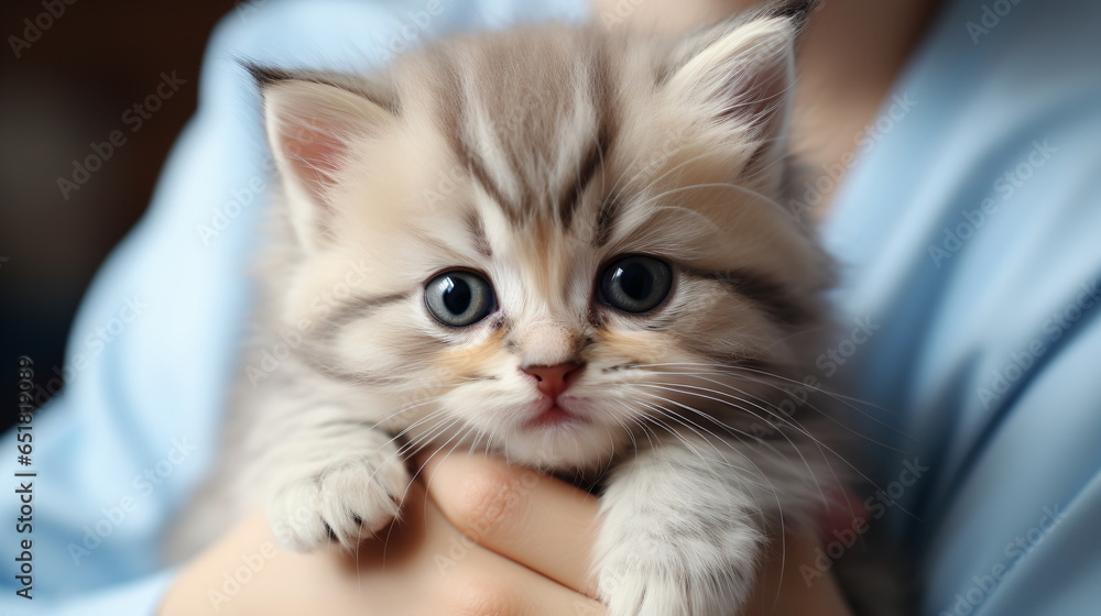 doctor is holding a cute white cat on hands at vet clinic and smiling doctor is holding a cute white cat on hands at vet clinic and smiling
