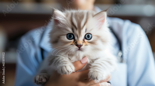 doctor is holding a cute white cat on hands at vet clinic and smiling