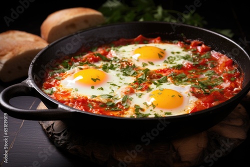 Shakshuka with tomatoes in a frying pan