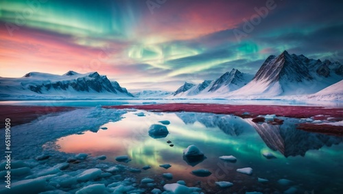 Un impresionante paisaje ártico, con montañas cubiertas de nieve y un lago congelado que refleja los colores vibrantes de la aurora boreal.