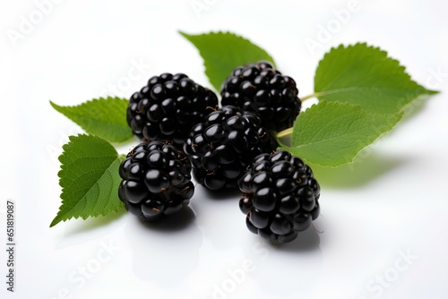 Black berries on white surface. Fresh black berry isolated on white background. generative AI
