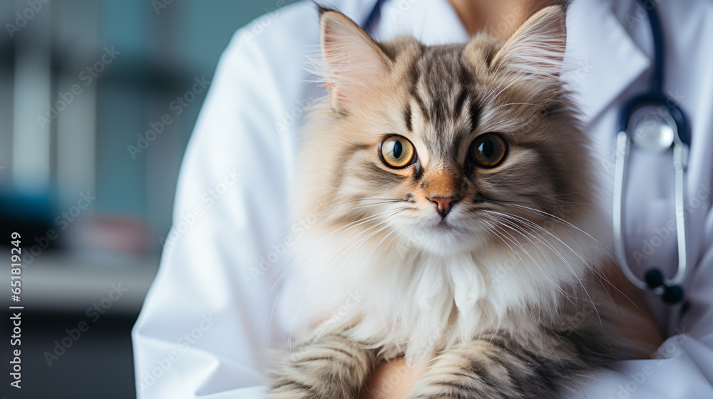 doctor is holding a cute white cat on hands at vet clinic and smiling doctor is holding a cute white cat on hands at vet clinic and smiling