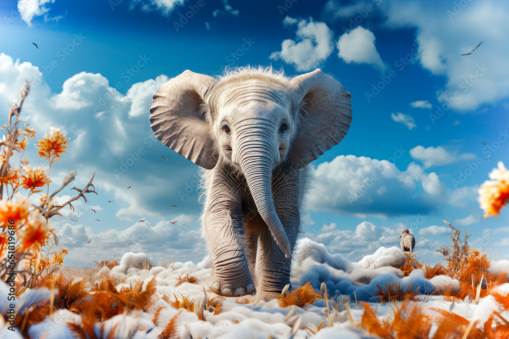 A cute baby elephant in abstract landscape with sky background