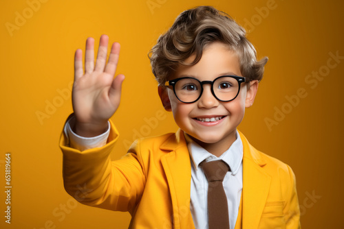Cute stylish schoolboy in uniform gesturing hand on yellow background. back to school