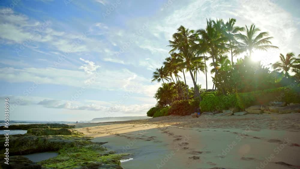 Footprints On Empty Hawaii Beach As Sun Peeks Through Trees