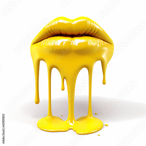 Yellow dripping wet lips on white isolated background