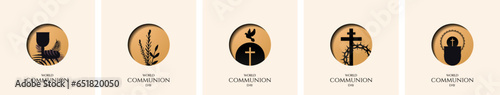 World Communion Sunday Sunset Icon Cards. Flat religious icon background. Wheat and palm, three crosses, chalice and communion bread with holy spirit, crown of thorns, cup and loaf. Vector.