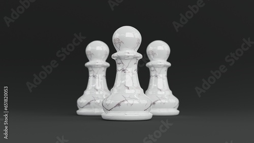 3d visualization three white marble pawns stand