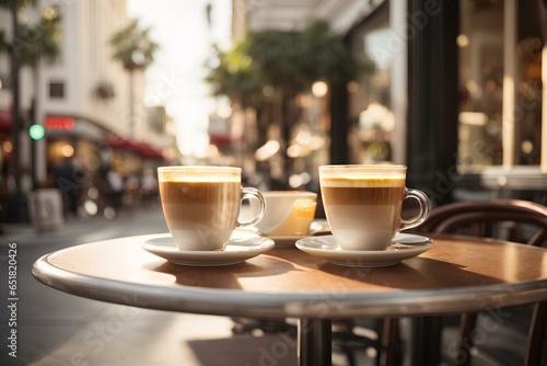 table in the street cafe with two white coffee's cups on rodeo drive