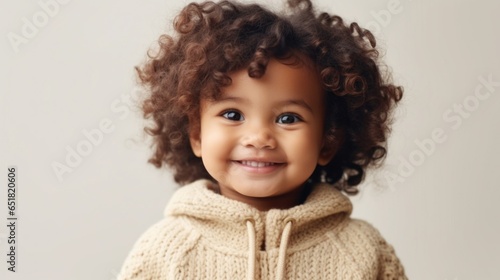 An endearing African American child wearing a smile against a light beige backdrop.