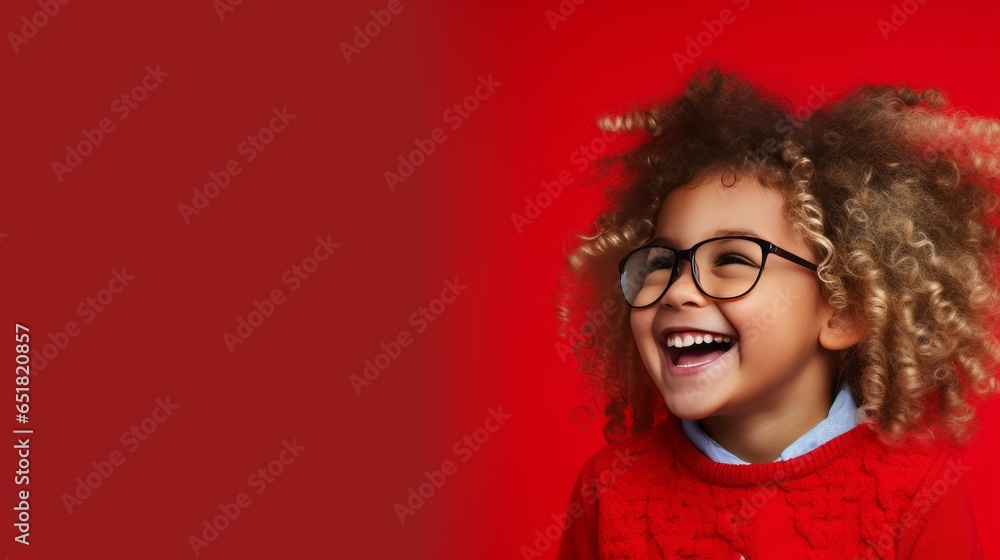 The 5 year old girl with curly blonde hair is happy with her new glasses. Isolated on studio background