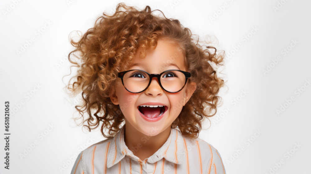 The 5 year old girl with curly blonde hair is happy with her new glasses. Isolated on studio background The 5 year old girl with curly blonde hair is happy with her new glasses. Isolated on studio background