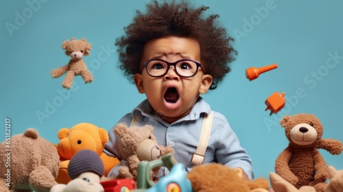 A studio portrait of a crying baby amidst toys.